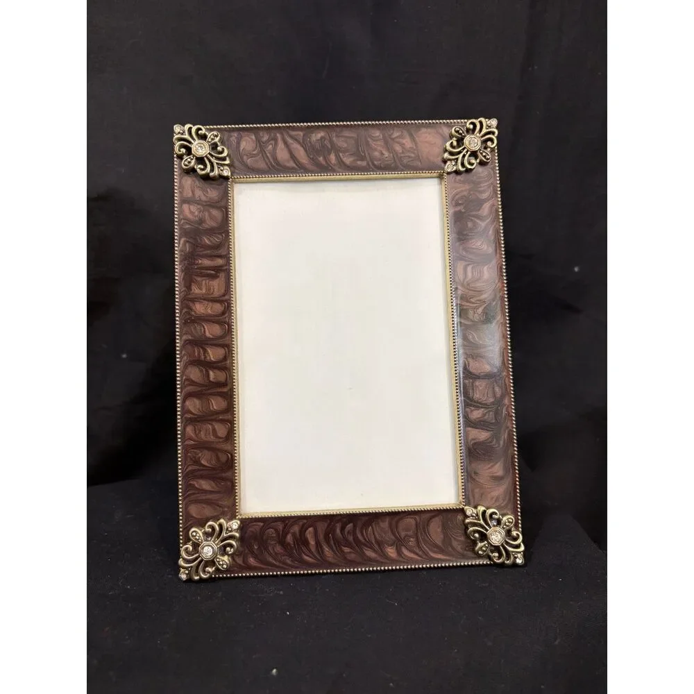 Vintage 90s Ornate Brown Faux Marble Enamel Picture Frame 5x7 Gold Filigree